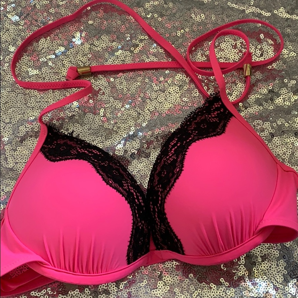 VS Pink Extreme Push Up Black Lace Pink Bikini Top